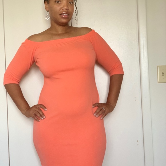 Coral, “cold-shoulder” midi dress. - Picture 2 of 5